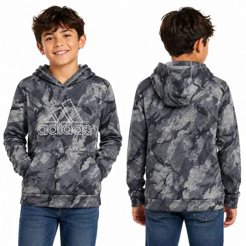 Adidas Boys Gray Camo Hoodie Logo Sweatshirt Size 10/12 L